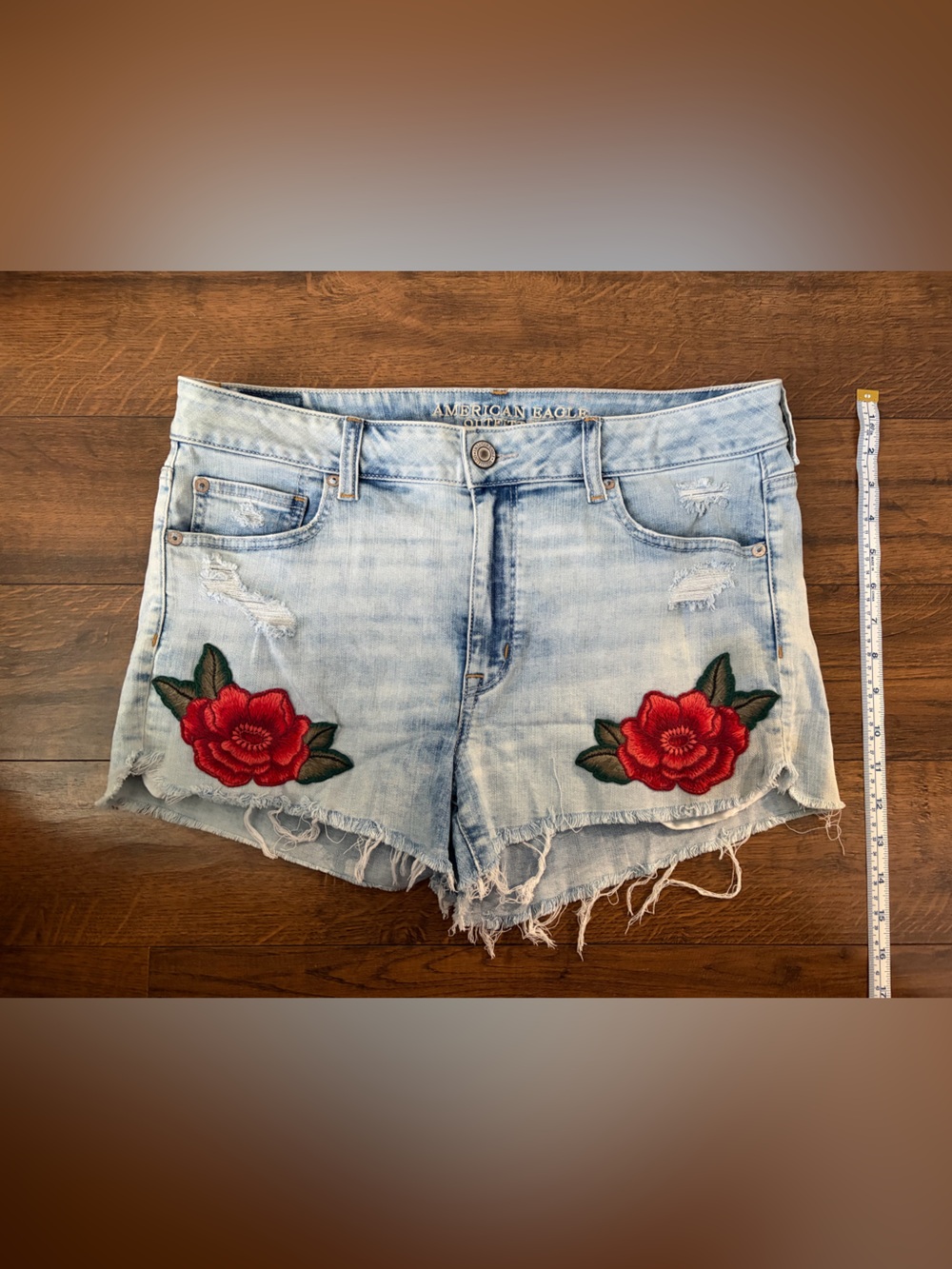 American Eagle Outfitters Light Wash Denim Shorts with Red Floral Embroidery